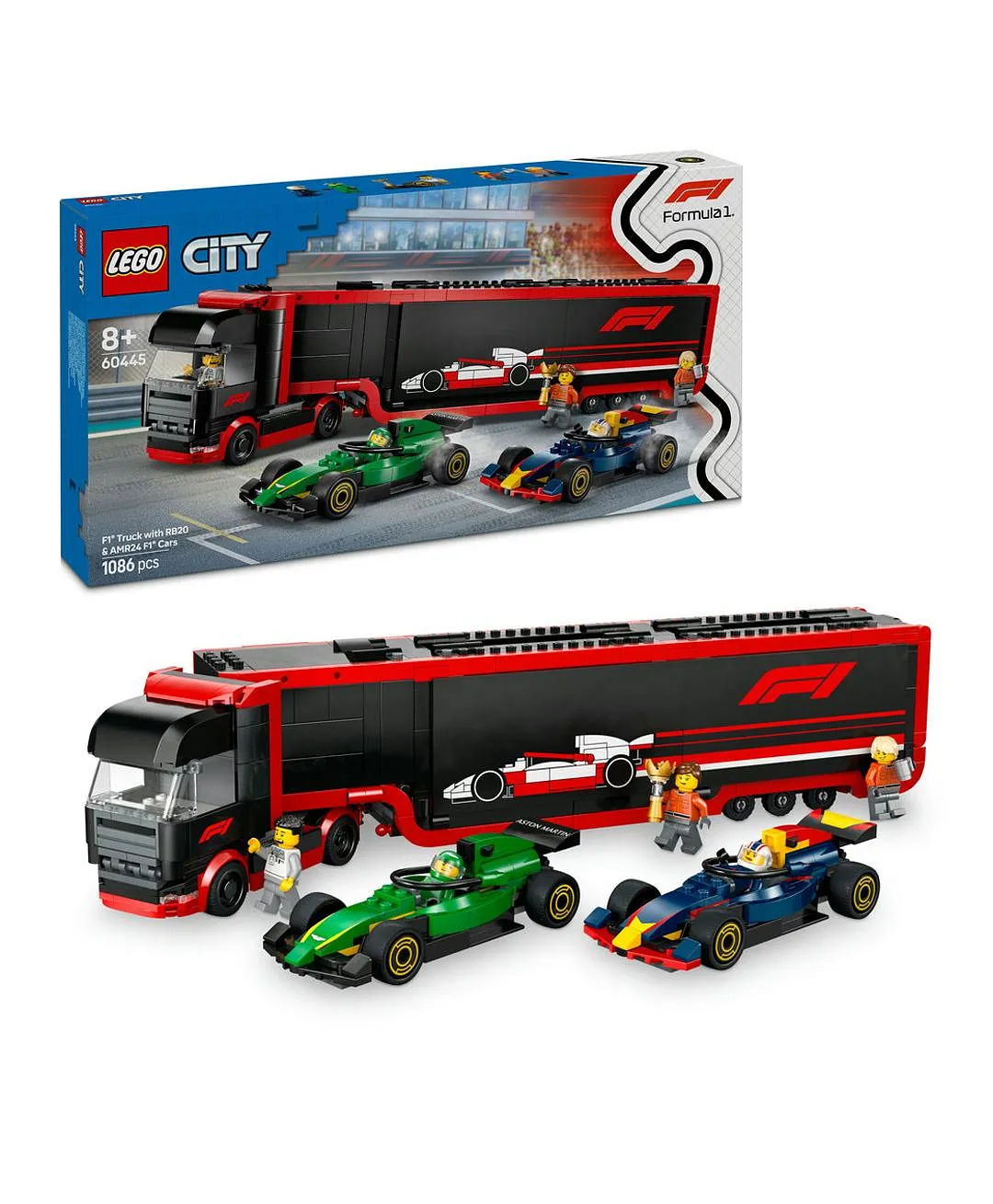 مجموعة لعب ناقل سيارات السباق شاحنة F1® مع سيارات F1®: RB20 وAMR24 من ليغو® سيتي 60445 - 1086 قطعة