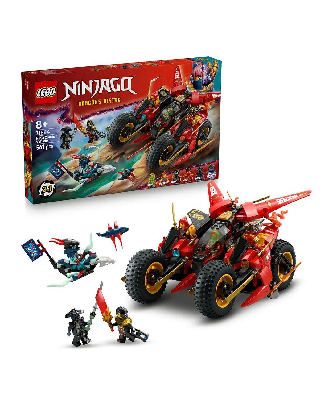 مجموعة لعبة 3 في 1 مركبة معارك النينجا من ليغو® NINJAGO® مع درّاجتي نينجا، ونفاثة و6 شخصيات 71844 - 561 قطعة