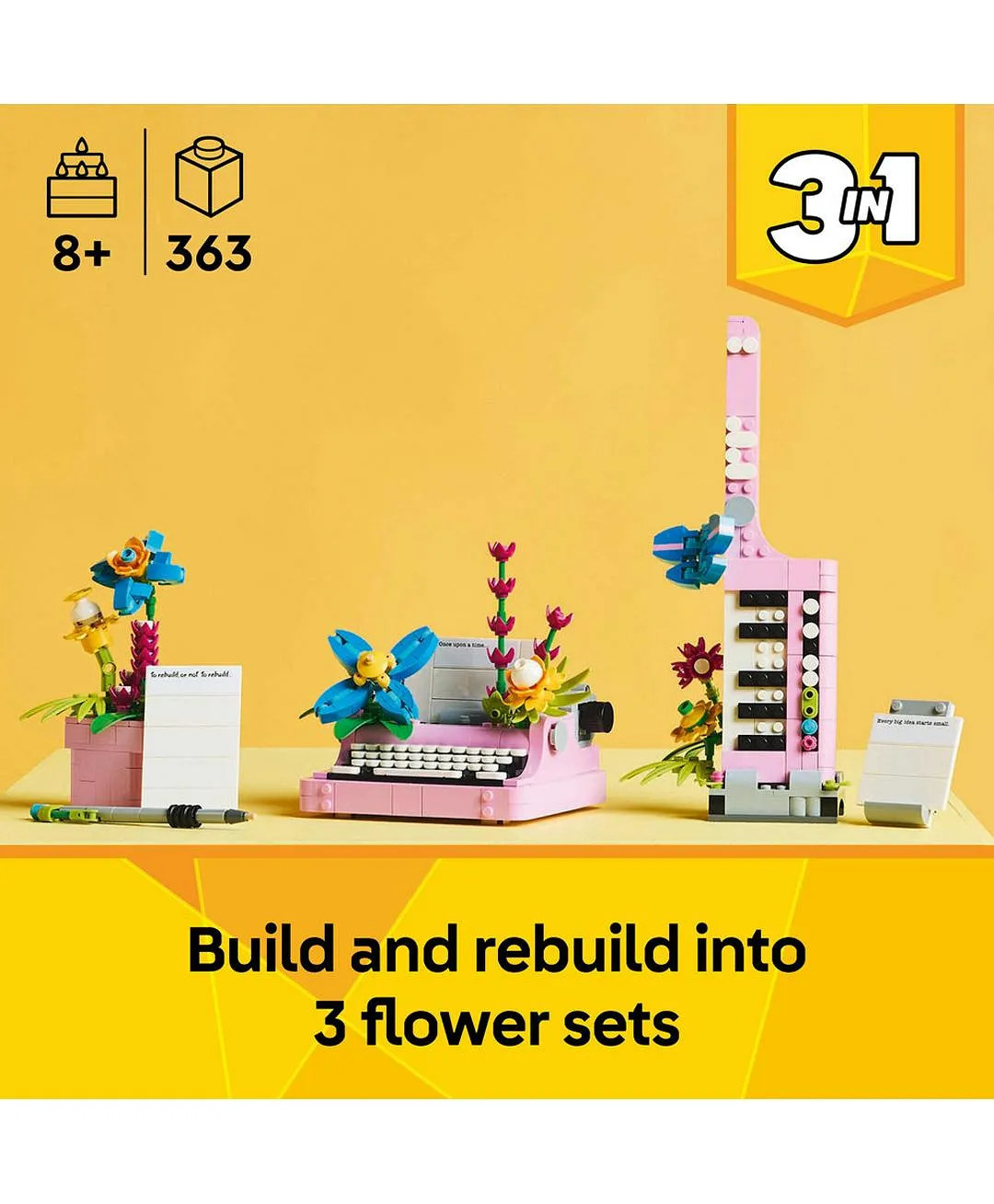 مجموعة لعب آلة كاتبة مع زهور من ليغو® كرييتور 3 في 1، تتحول إلى كيتار أو زهرية 31169 - 363 قطعة - الصورة 3