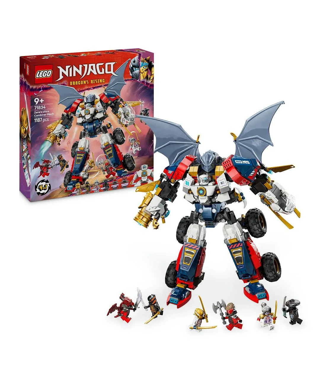 لعبة آلي زين المجمّع الفائق من ليغو® NINJAGO®، مجموعة بناء 4 في 1 مع سيارة ونفاثة وتنين 71834 - 1187 قطعة