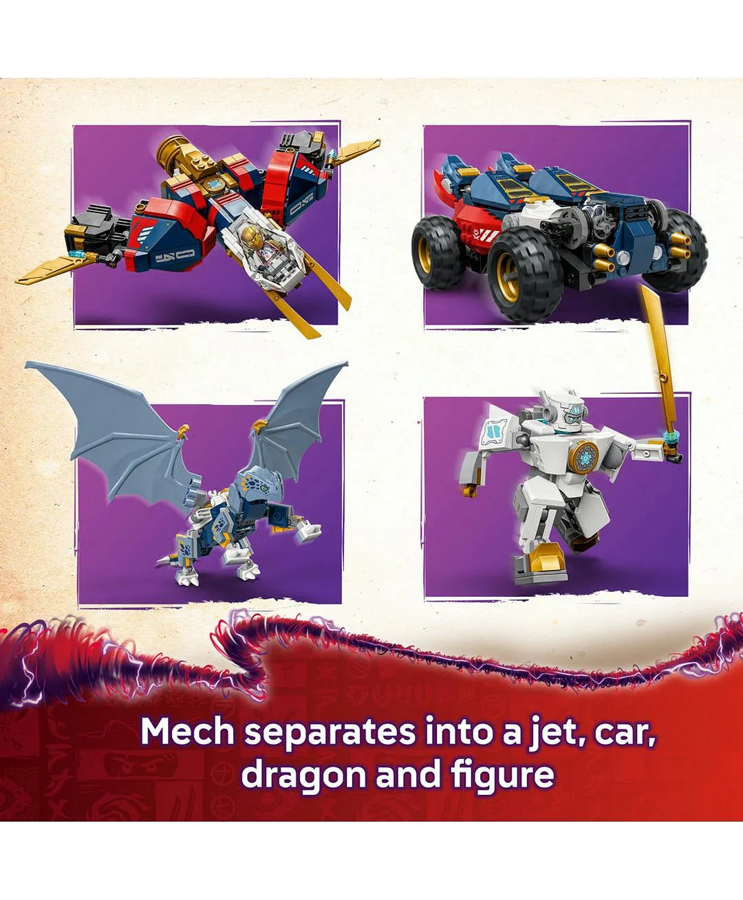 لعبة آلي زين المجمّع الفائق من ليغو® NINJAGO®، مجموعة بناء 4 في 1 مع سيارة ونفاثة وتنين 71834 - 1187 قطعة - الصورة 4