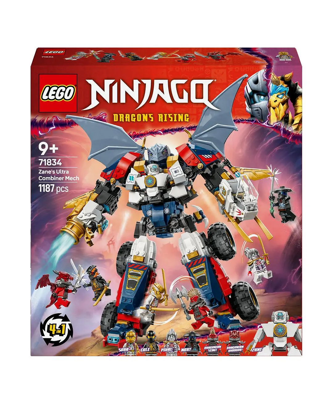 لعبة آلي زين المجمّع الفائق من ليغو® NINJAGO®، مجموعة بناء 4 في 1 مع سيارة ونفاثة وتنين 71834 - 1187 قطعة - الصورة 10