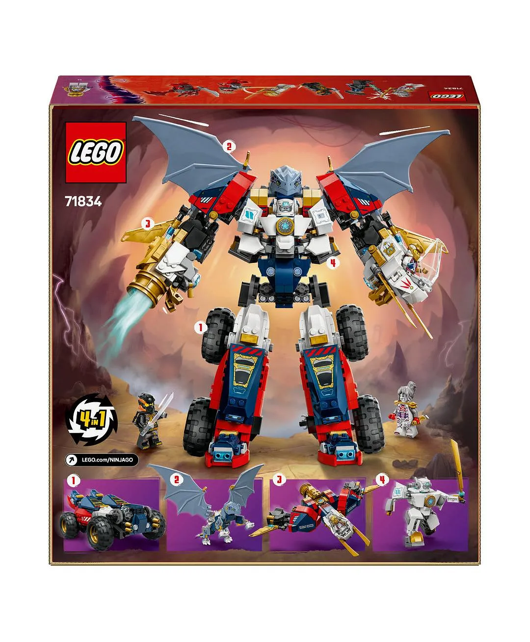 لعبة آلي زين المجمّع الفائق من ليغو® NINJAGO®، مجموعة بناء 4 في 1 مع سيارة ونفاثة وتنين 71834 - 1187 قطعة - الصورة 11