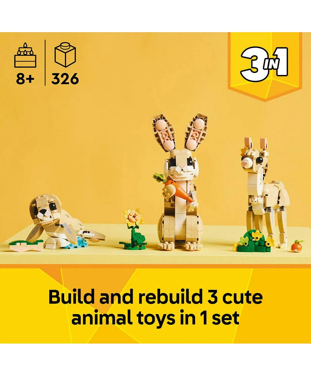 مجموعة لعب الحيوانات 3 في 1 أرنب لطيف من ليغو® كرييتور، تتحول إلى لعبة لاما أو لعبة فقمة 31162 - 326 قطعة - الصورة 4